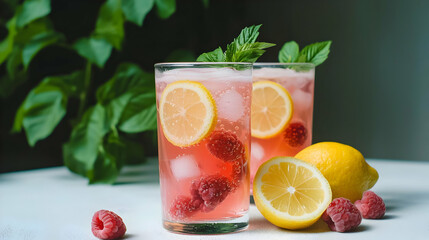 Two Refreshing Raspberry Lemon Iced Cocktails Garnished With Mint on a White Table Against a Green Foliage Backdrop