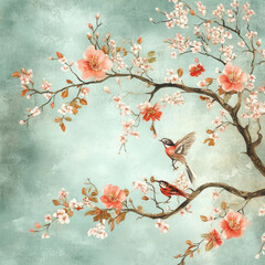 serene illustration featuring birds perched on blossoming branch with delicate flowers against soft blue background. artwork evokes sense of tranquility and beauty