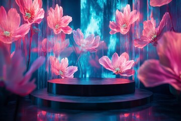 Pink Flowers on Stage Backdrop with Abstract Blue Lights for Product Display