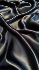Luxurious black silk fabric with shimmering finish and smooth texture ideal for fashion use