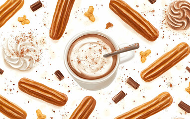 A delightful arrangement of creamy hot chocolate and delectable pastries, perfect for dessert lovers.