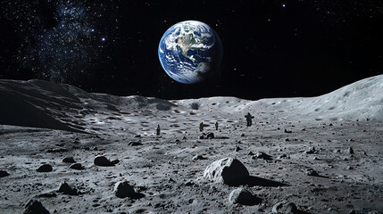 View of Earth from the surface of the moon, with tourists capturing photos, hyper-realistic