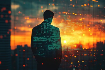 Silhouette of a man at sunset, overlaid with a digital data stream, symbolizing the convergence of technology and urban life.