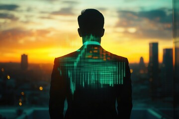 A businessman stands silhouetted against a sunset cityscape, overlaid with a dynamic financial data visualization.