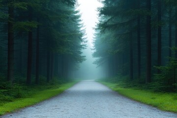 Obraz premium serene pathway leads through dense forest of towering pine trees in national park