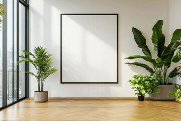 bright office interior featuring large blank wall, perfect for artwork display. Lush green plants add touch of nature, enhancing serene atmosphere