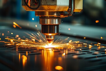 A laser cutter intensely creating a metal sheet with precision
