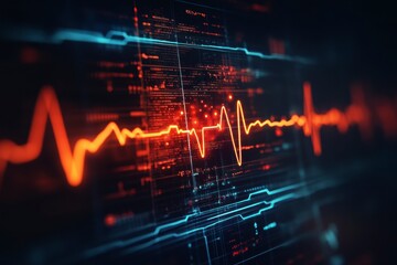 Futuristic Display of Data with Orange Heart Rate Monitor Signal, Blue Grid Lines