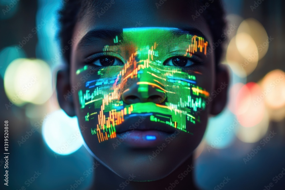 Aufkleber a child's face is illuminated with vibrant, flowing data streams, symbolizing the future of technolo