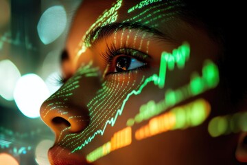 Close-up of a person's face with projected data, visualizing financial market trends and technological integration.