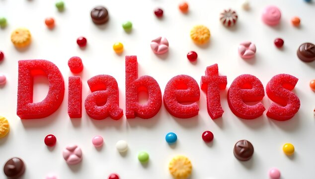 Diabetes and Sugar: Gummy Letters Surrounded by Colorful Candies on a White Background