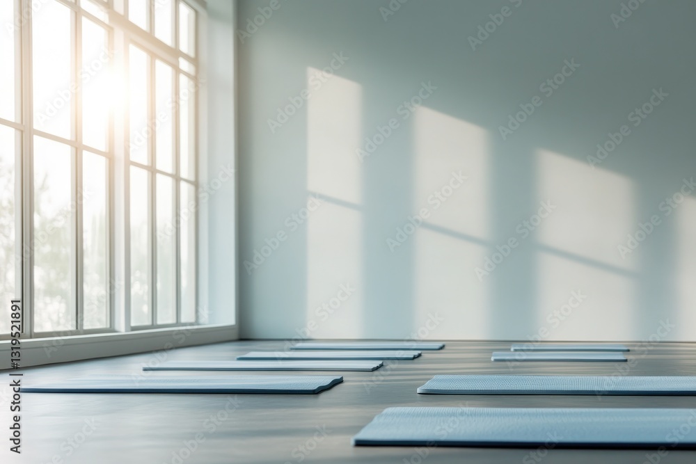 Poster serene yoga studio with minimalist design featuring neatly aligned mats and natural light filtering 