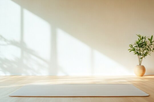 serene yoga studio bathed in natural light empty mat ready for practice with room for copy space