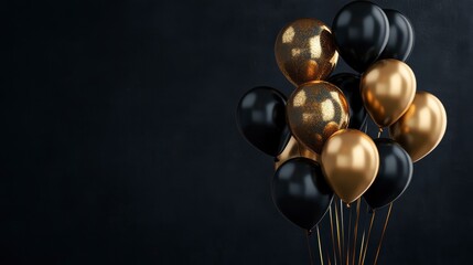 Black and gold balloons against dark background