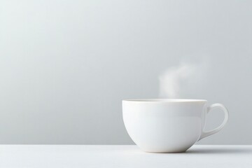Fototapeta premium single white porcelain teacup with subtle steam rising in front of plain light-colored background