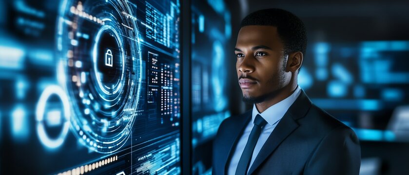 Businessman security verification includes encryption techniques to secure sensitive communications and data.