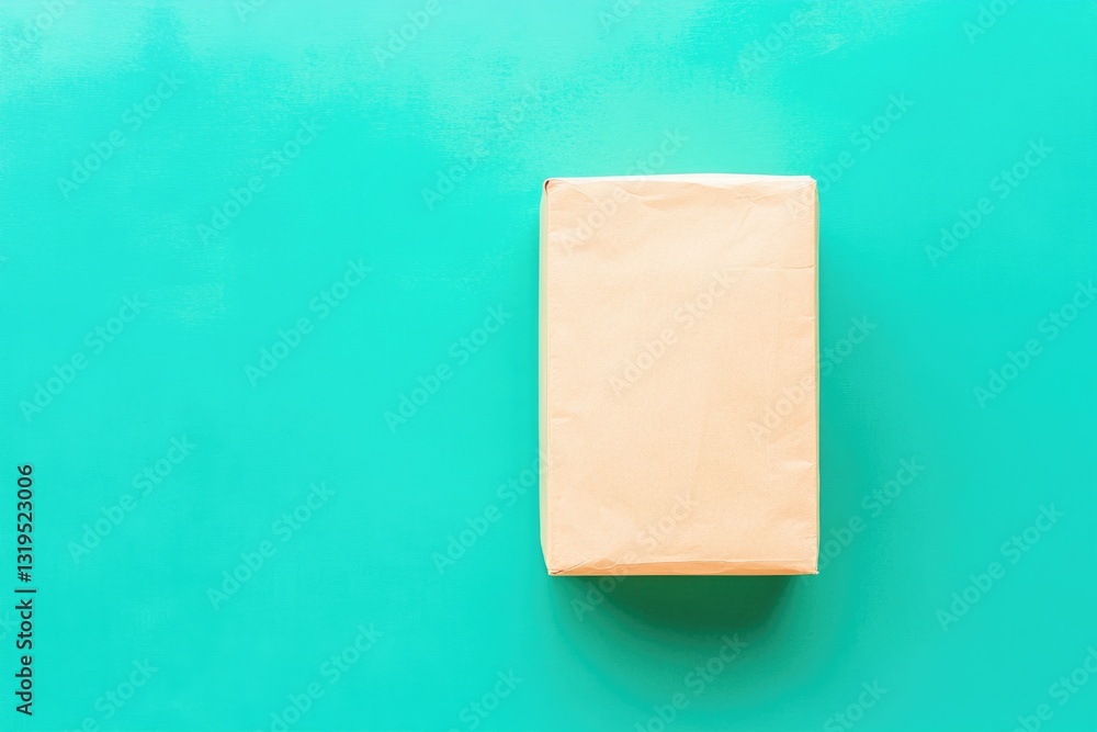 Poster sleek depiction of rectangular paper box placed flat on vibrant teal solid background with natural s