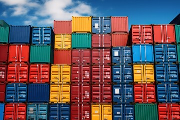 Fototapeta premium Stacked Shipping Cargo Freight Container. Stacked Cargo Shipping Containers Global Trade Logistics. Stack of Cargo Containers. Global Cargo import and Export Logistics Concept with Copy Space. 