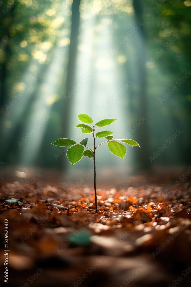 Poster small sapling surrounded by fallen leaves in quiet woodland with soft rays of light filtering throug