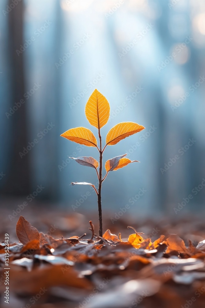Poster small sapling surrounded by fallen leaves in quiet woodland with soft rays of light filtering throug