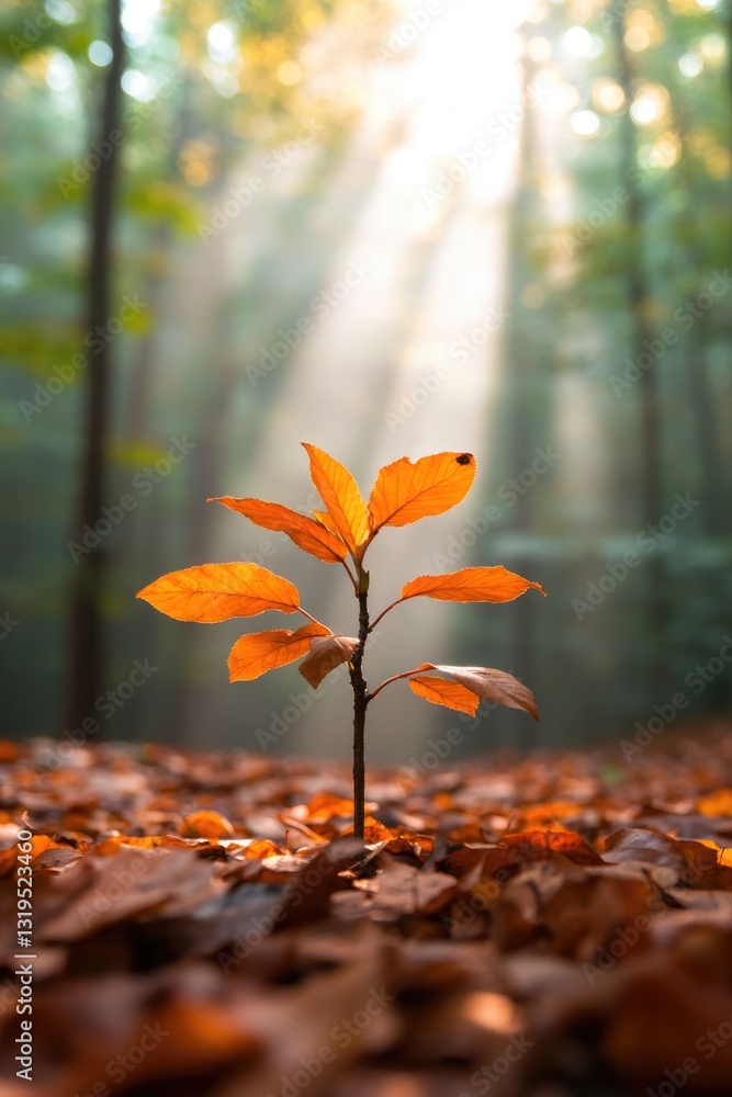 Poster small sapling surrounded by fallen leaves in quiet woodland with soft rays of light filtering throug