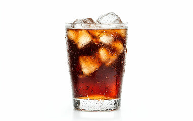 Close-up of a refreshing glass of cola with ice cubes, perfect for a hot day or social gathering.