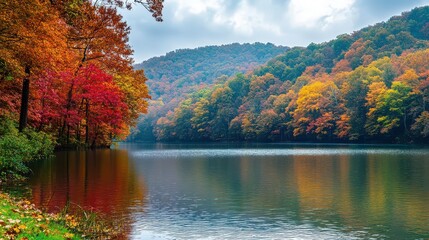 Serene autumn landscape with vibrant foliage reflecting on tranquil lake under cloudy sky