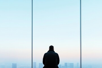 solitary businessman silhouette against vast softly-lit office skyline generates contemplative ambiance with clear