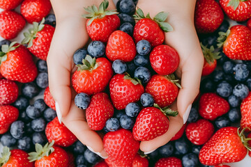 Obraz premium Freshly picked strawberries and blueberries held in hands