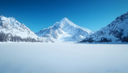 Obraz premium Frozen mountain lake panorama under a clear blue sky. Vast expanse of snow-covered ice, towering snowy peaks, and evergreen forests frame a serene winter landscape