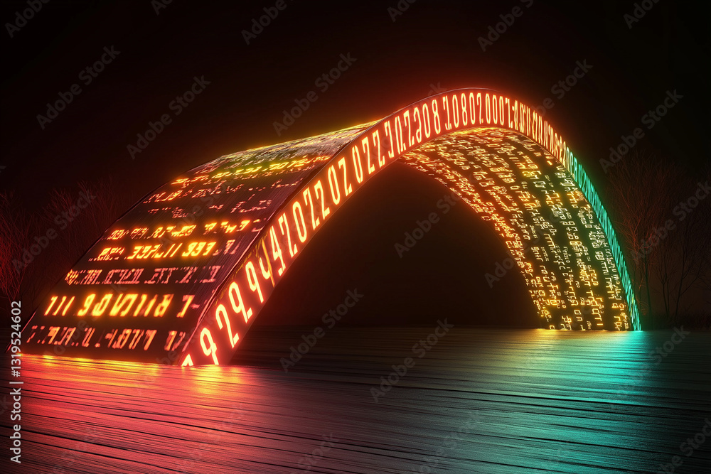 Poster vibrant digital binary bridge with glowing numbers