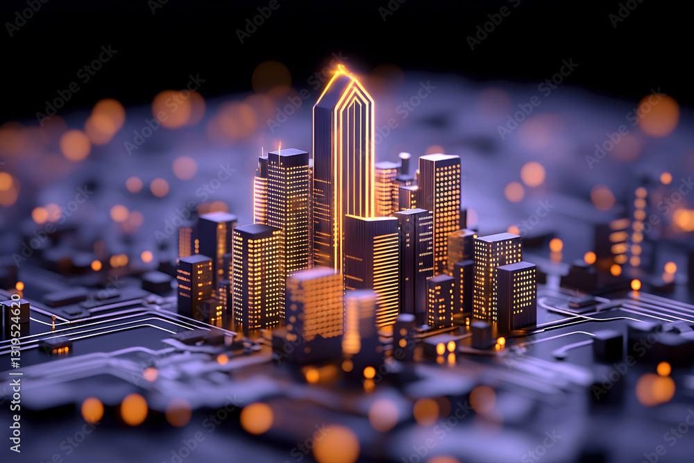 Aufkleber futuristic city built on a circuit board. illuminated skyscrapers rest on a complex network of elect
