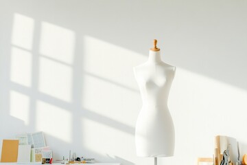 stylish dress form mannequin stands alone in brightly lit room adorned with various fabric swatches patterns and tools