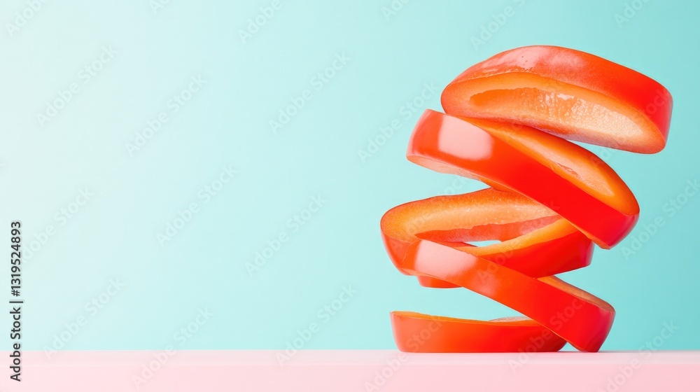 Poster surreal rendering of sliced bell peppers spiraling upwards with vibrant gradient background and gene