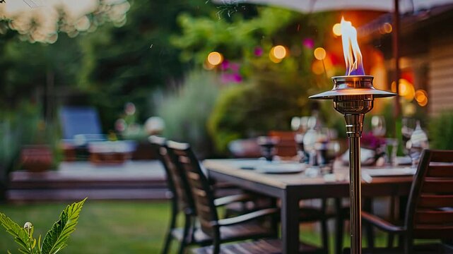 Enjoy a relaxing evening outdoors with a beautifully set dining table illuminated by a flickering torch in a serene garden
