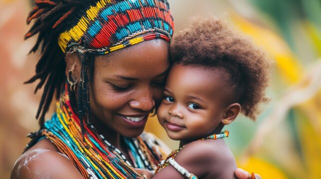 A joyful moment between a mother and her child captured in vibrant colors. This image portrays love and connection in nature. Perfect for family and lifestyle themes. Generative AI