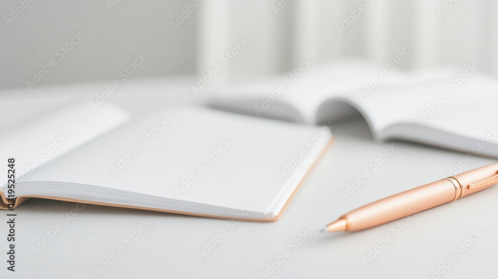 Aufkleber tidy workspace with open notebooks pens and blank page in focus providing ample copy space for text