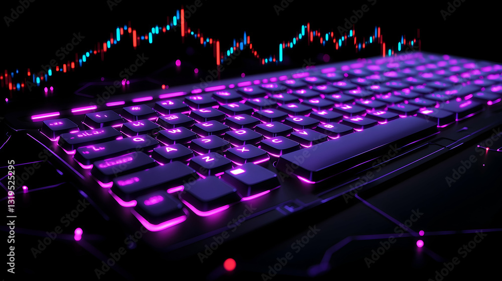 Poster futuristic keyboard with glowing keys, illuminated against a backdrop of financial data