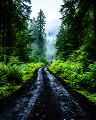 Obraz premium Misty forest path Winding road through lush green foliage and tall evergreens
