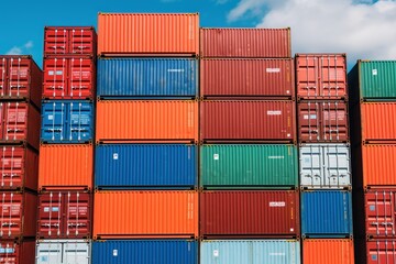 Fototapeta premium Stacked Shipping Cargo Freight Container. Stacked Cargo Shipping Containers Global Trade Logistics. Stack of Cargo Containers. Global Cargo import and Export Logistics Concept with Copy Space. 