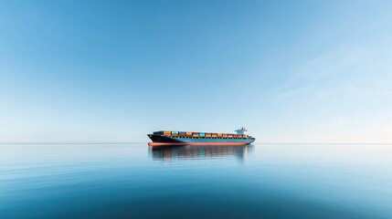 Obraz premium vast cargo ship drifts on calm blue ocean under cloudless sky
