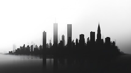 Naklejka premium A monochromatic silhouette depicts a city skyline with reflections in water