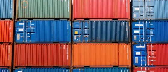 Fototapeta premium Stacked Shipping Cargo Freight Container. Stacked Cargo Shipping Containers Global Trade Logistics. Stack of Cargo Containers. Global Cargo import and Export Logistics Concept with Copy Space. 