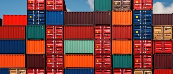 Fototapeta premium Stacked Shipping Cargo Freight Container. Stacked Cargo Shipping Containers Global Trade Logistics. Stack of Cargo Containers. Global Cargo import and Export Logistics Concept with Copy Space. 