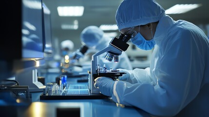 Employees are inspecting etched wafers under an electron microscope to ensure accuracy.