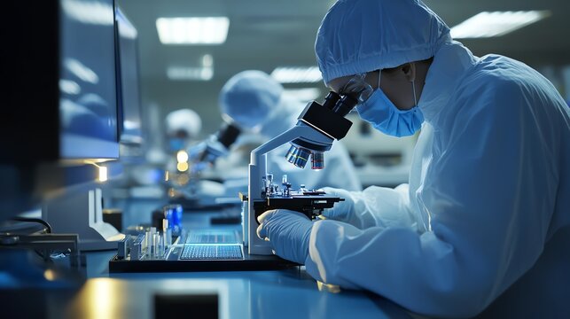 Employees are inspecting etched wafers under an electron microscope to ensure accuracy.
