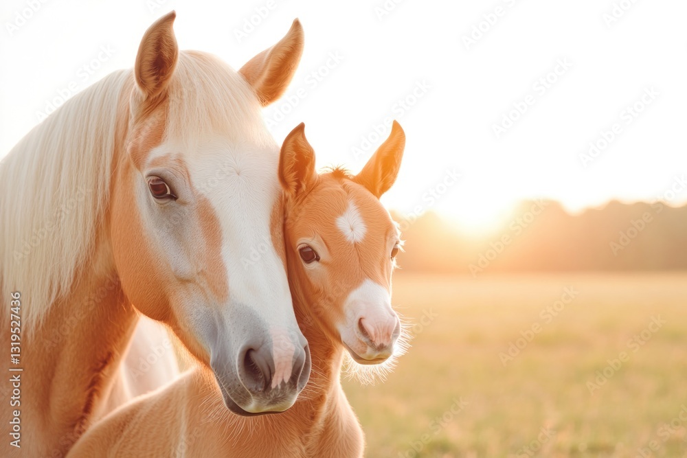 Aufkleber vibrant shot of foal leaning against its mare in open field sunlight filtering through scene to crea