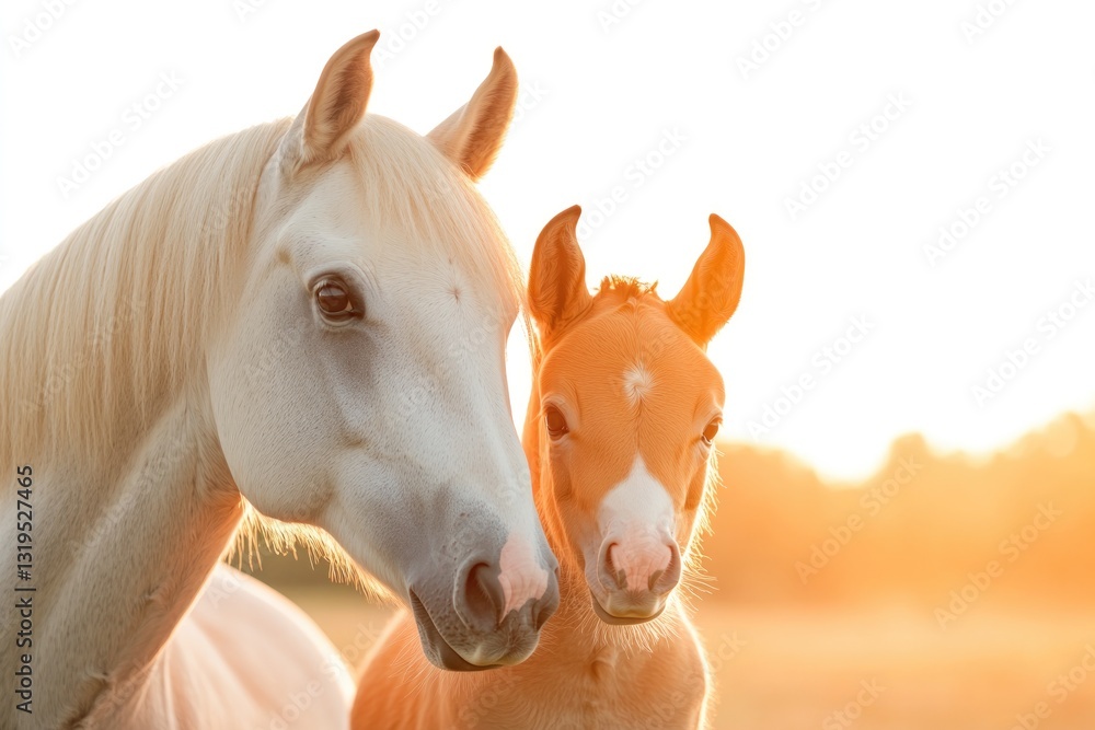 Aufkleber vibrant shot of foal leaning against its mare in open field sunlight filtering through scene to crea