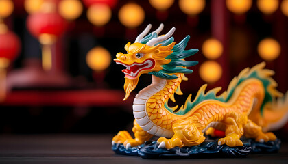 Fototapeta premium Golden dragon figurine, festive background