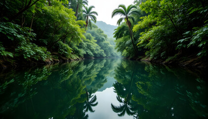 The lush green foliage of the tropical rainforest is mirrored perfectly in the calm waters below, creating a tranquil and serene scene that invites a sense of peace and relaxation.